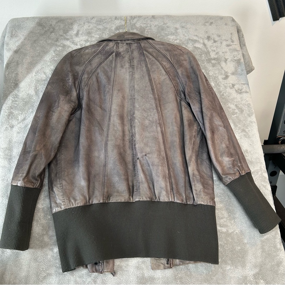 Women's Brown Leather Bomber Jacket with Ribbed Cuffs and Waistband - Picture 6 of 16